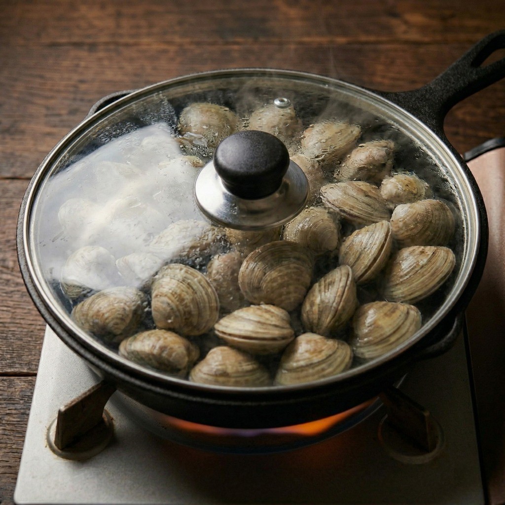 해감된 바지락 익히기 - 프라이팬에 바지락을 넣고 뚜껑을 덮어 센 불에 조리하는 모습
