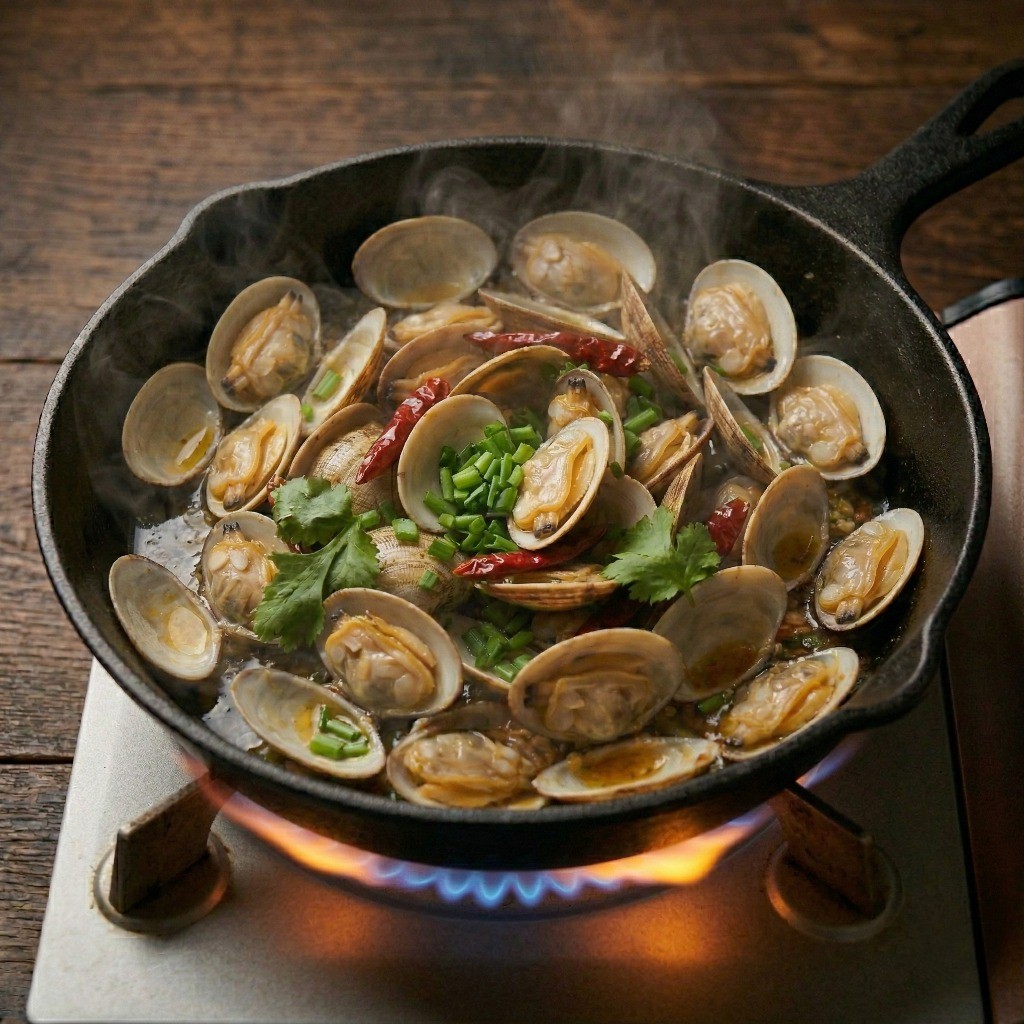 초간단 매운 바지락 볶음 완성 - 입을 벌린 바지락에 부추와 고수를 넣고 섞어 마무리하는 조리 단계