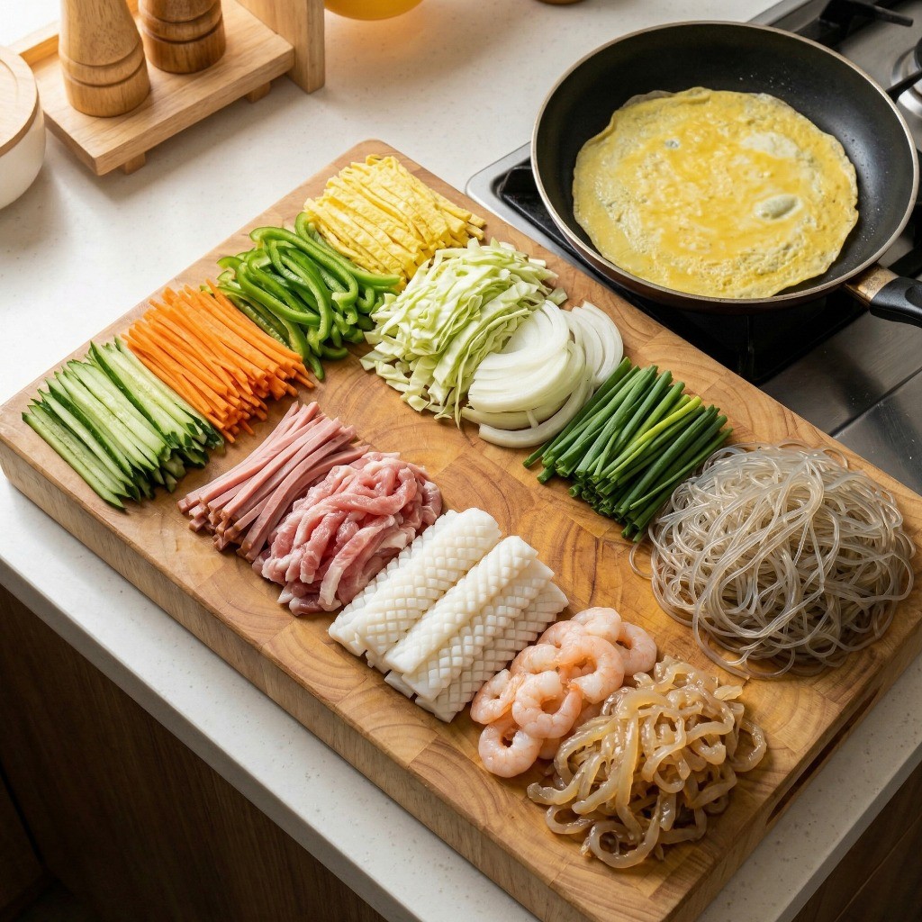 양장피 재료 손질 과정 - 각종 채소 채썰기 및 계란 지단 만들기