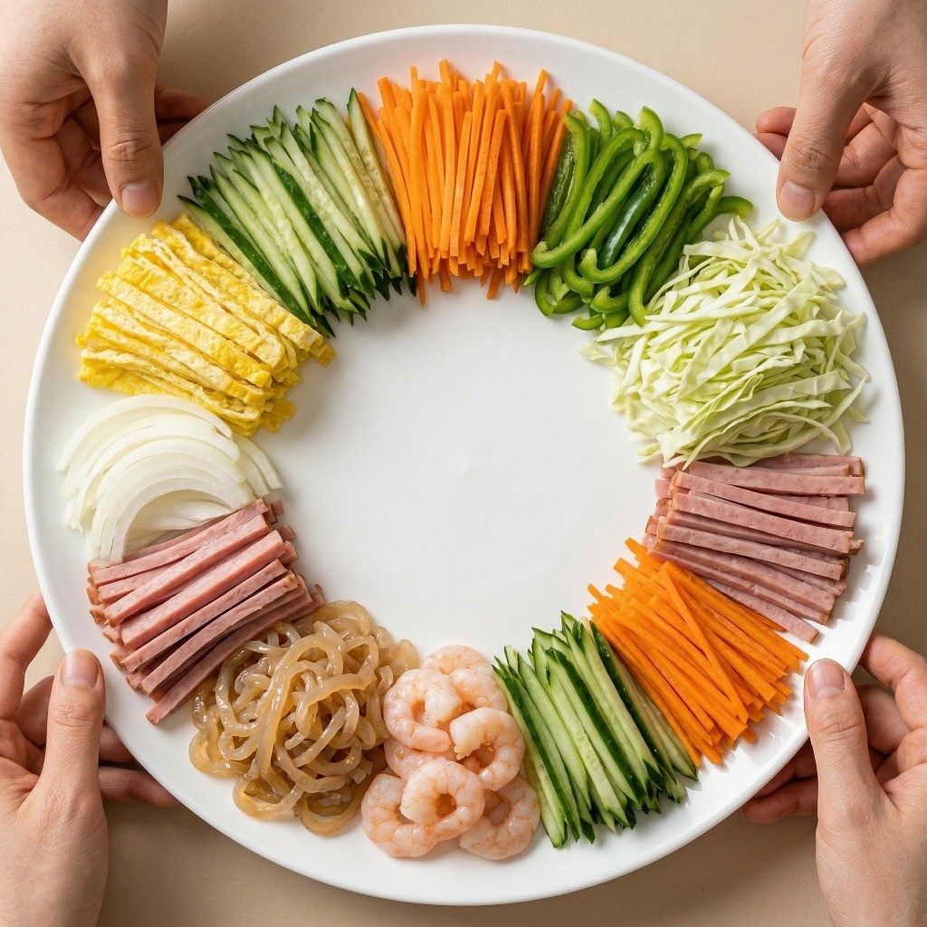 양장피 플레이팅 팁 - 채 썬 재료들을 접시 가장자리에 대칭으로 담기