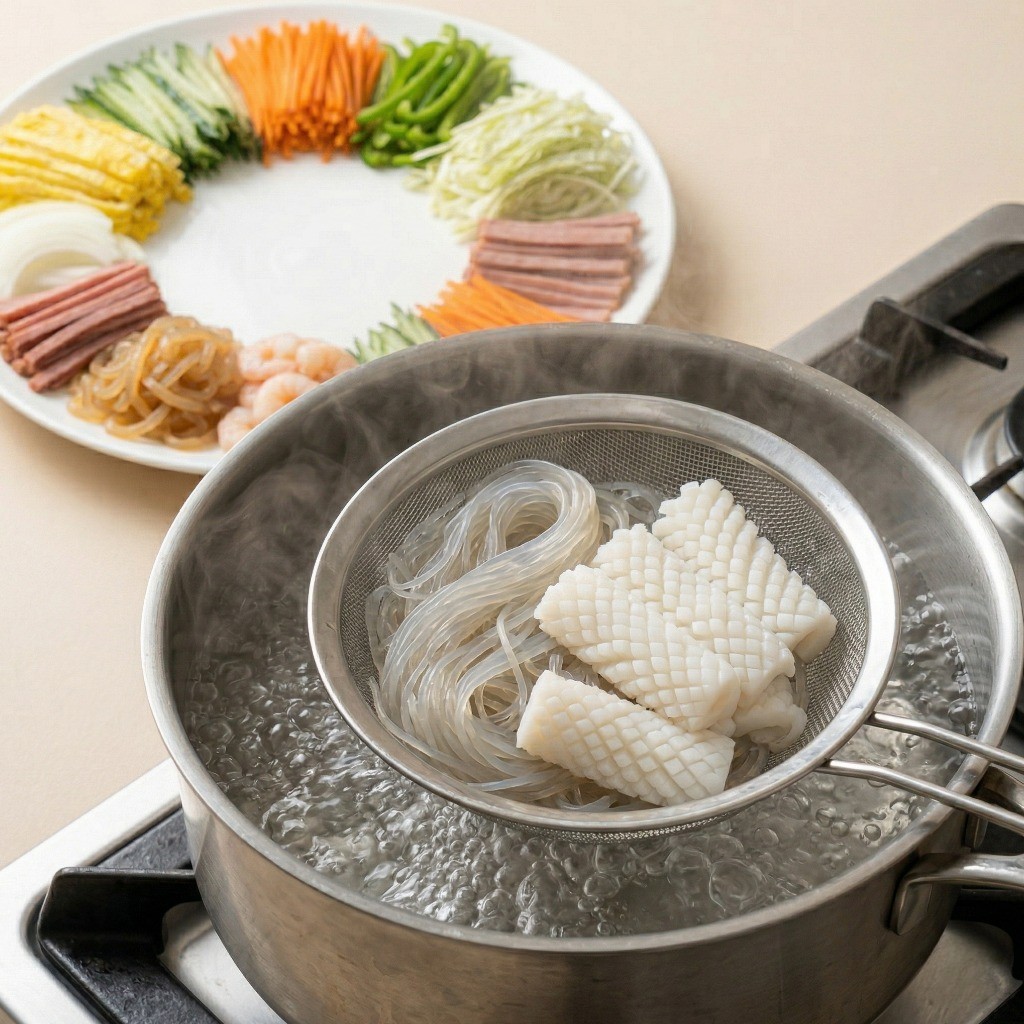 양장피 당면과 오징어 데치기 - 끓는 물에 살짝 데쳐 식감 살리기