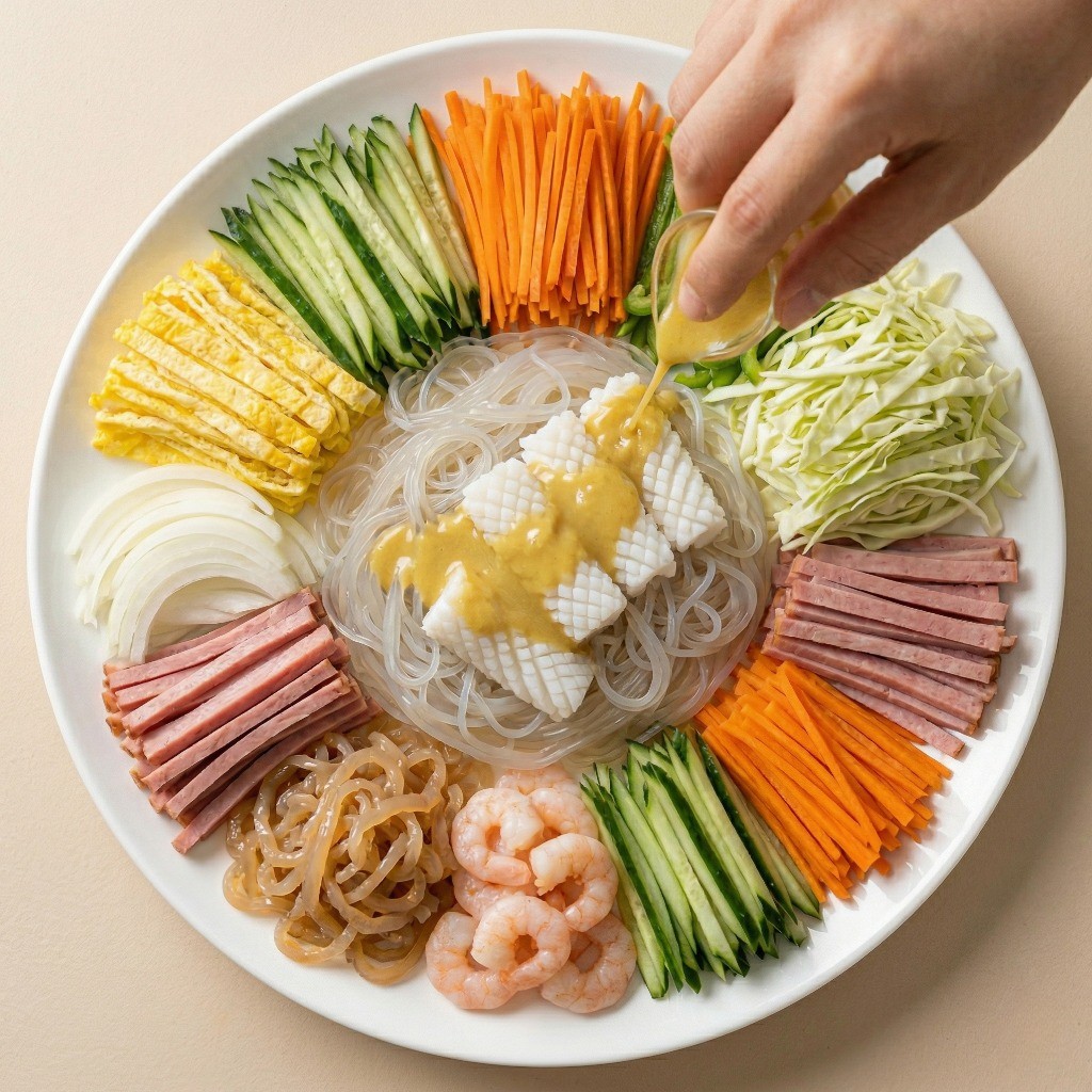 양장피 겨자 소스 만들기 - 데친 당면에 톡 쏘는 연겨자 소스 버무리기