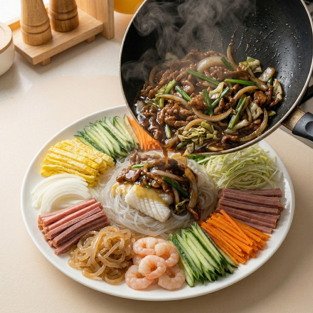 양장피 고기 야채 볶음 완성 - 굴소스로 볶은 고기를 올려 양장피 마무리