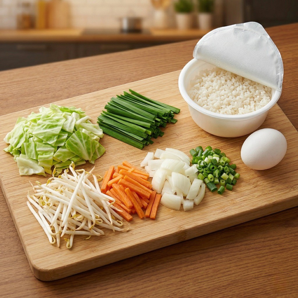 이연복 야채볶음밥 레시피 1단계 - 양배추, 부추, 숙주 등 채소 손질 및 즉석밥 수분 날려 데우기