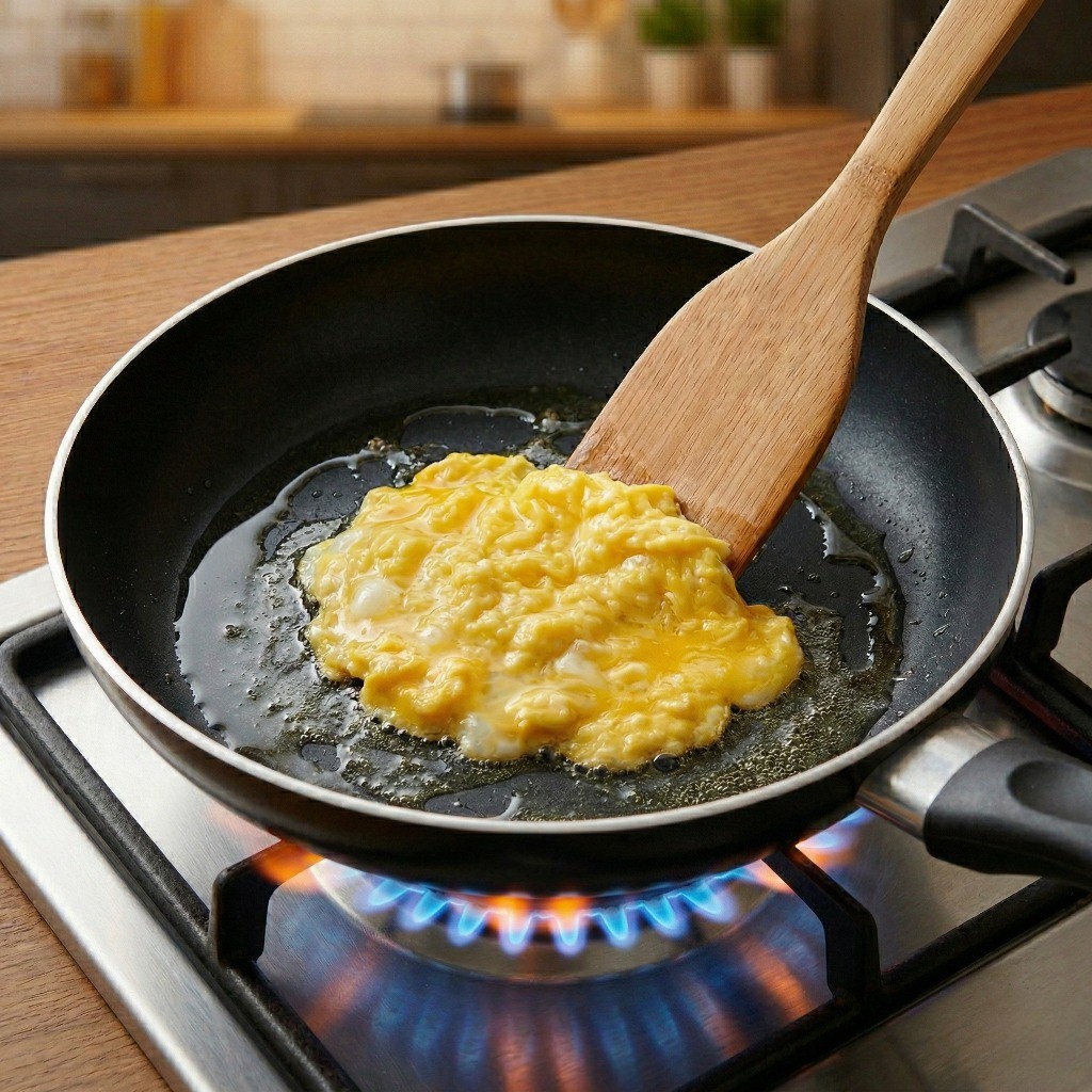 이연복 야채볶음밥 레시피 2단계 - 프라이팬에 식용유를 두르고 스크램블 에그 조리하기