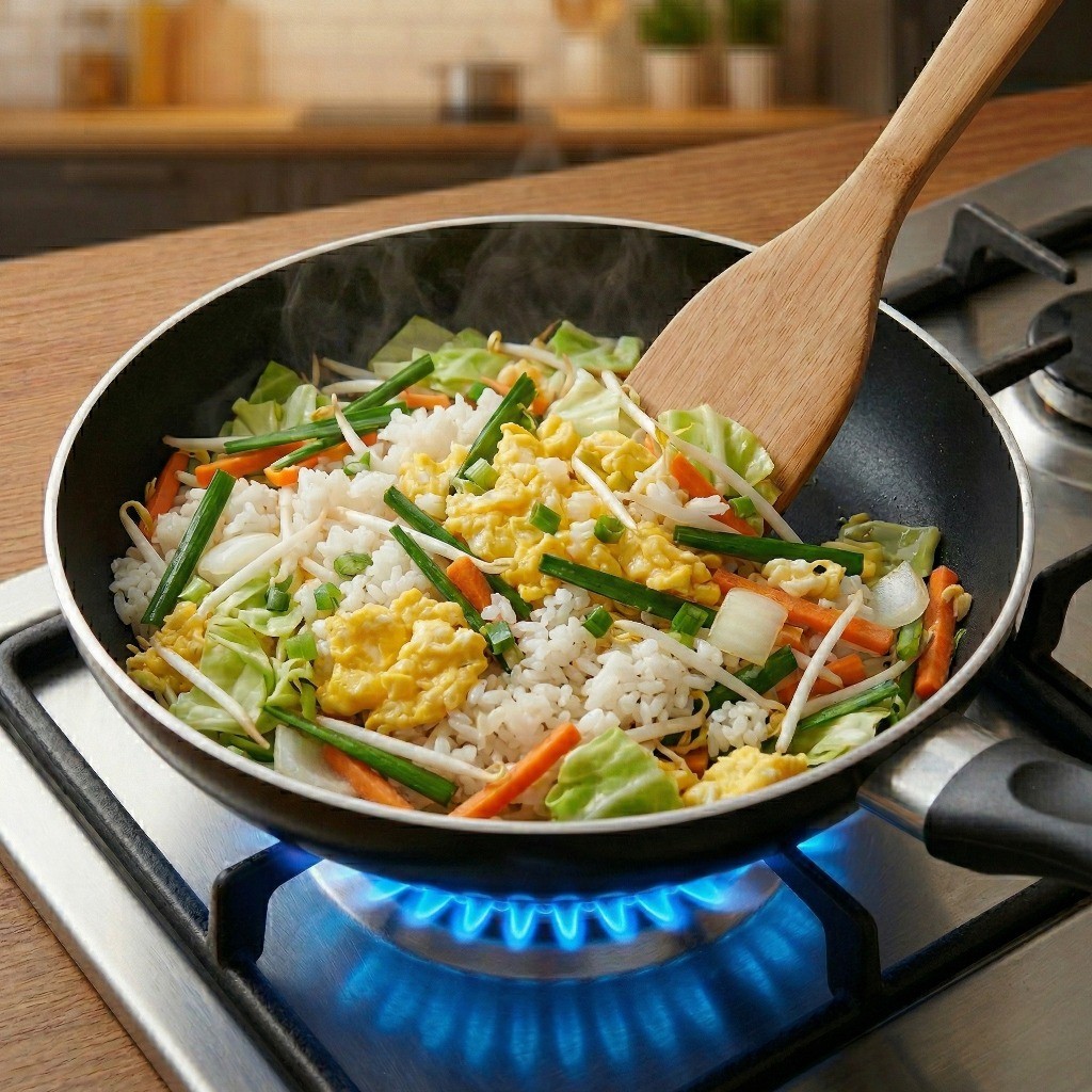 이연복 야채볶음밥 레시피 3단계 - 바싹 익힌 계란에 데운 즉석밥과 모든 채소를 넣고 볶아주기