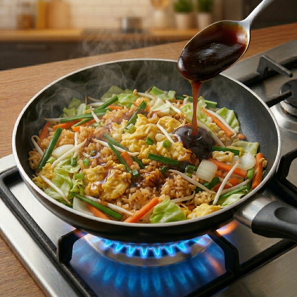 이연복 야채볶음밥 레시피 4단계 - 볶아진 밥과 채소에 굴소스와 후춧가루를 넣어 중화풍 볶음밥 완성하기