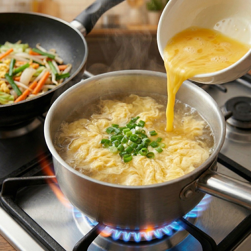 이연복 초간단 계란탕 만들기 - 끓는 물에 계란물을 풀고 치킨스톡과 송송 썬 파를 넣어 끓여내기