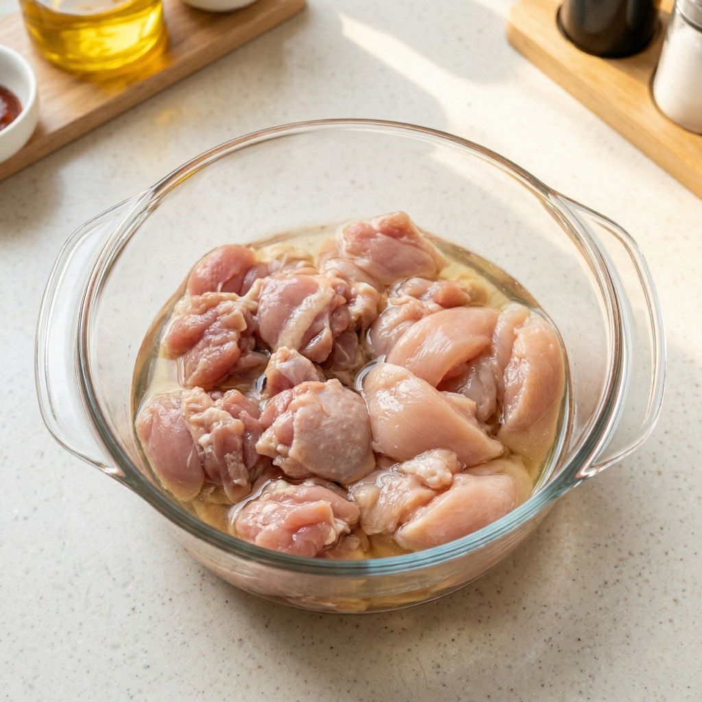 전자레인지 닭볶음탕 만들기 1단계: 닭고기 잡내 제거를 위해 맛술을 넣고 버무리는 모습