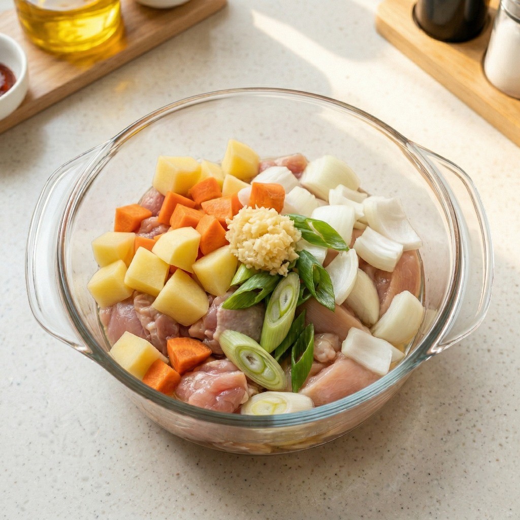 전자레인지 닭볶음탕 만들기 2단계: 손질한 감자, 당근, 대파를 닭고기 위에 올린 모습