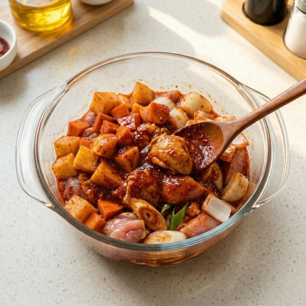 전자레인지 닭볶음탕 만들기 3단계: 고추장, 간장, 치킨스톡 비법 양념장에 버무리는 모습