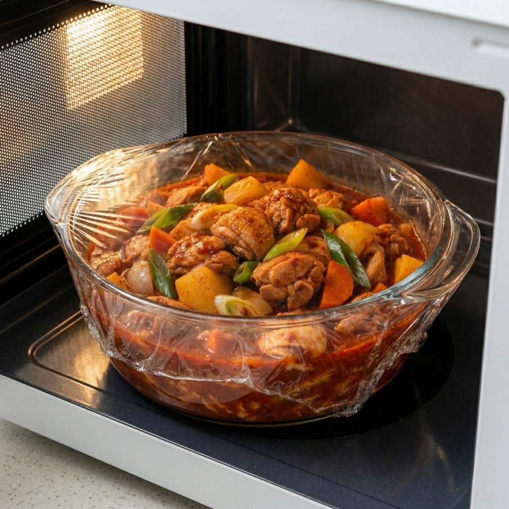 전자레인지 닭볶음탕 만들기 4단계: 랩을 씌운 용기를 전자레인지에 넣고 1차 조리하는 모습