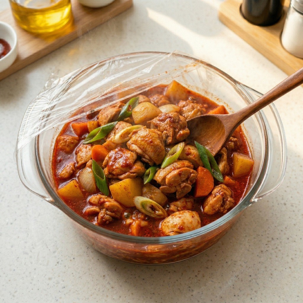 전자레인지 닭볶음탕 만들기 5단계: 재료가 골고루 익도록 위아래로 섞어주는 모습