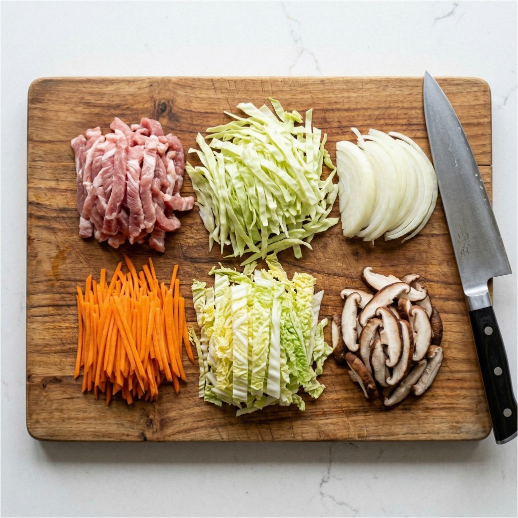 이연복 볶음짬뽕 황금 레시피 - 양배추, 당근, 버섯, 돼지고기를 얇게 채 썰어 준비하는 과정