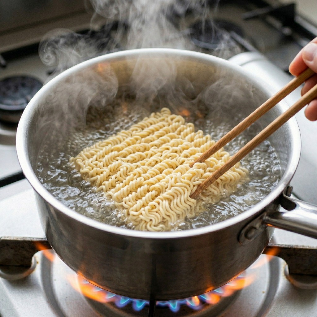 볶음짬뽕용 라면 면발을 끓는 물에 살짝 덜 익게 삶아 건져내는 꿀팁 과정