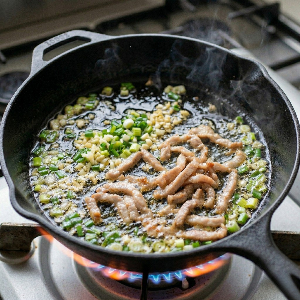 팬에 기름을 두르고 대파와 마늘로 파기름을 낸 후 돼지고기를 볶는 과정