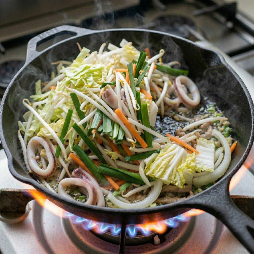 돼지고기와 파기름 베이스에 생물 오징어와 풍성한 채소를 넣고 센 불에서 빠르게 볶는 모습