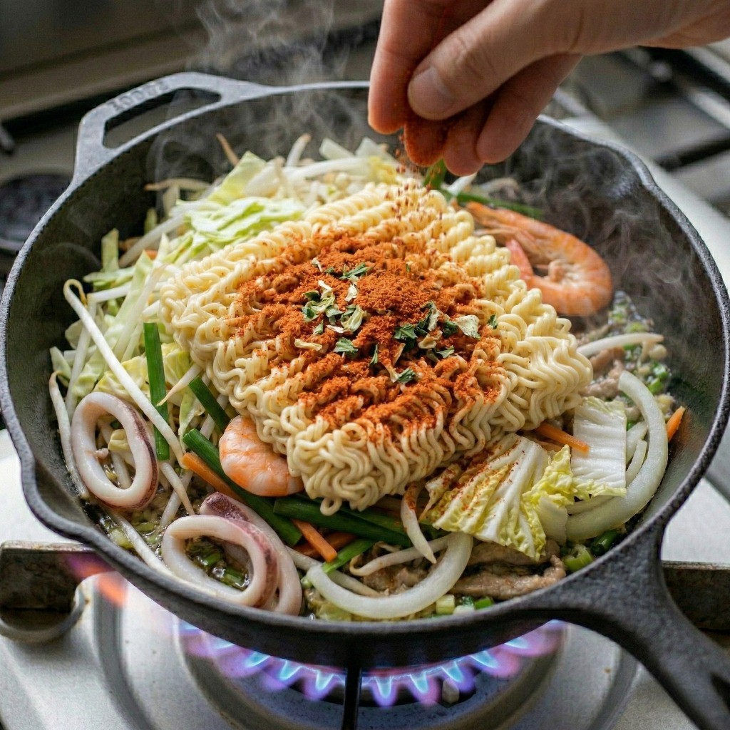 볶은 채소와 해물에 미리 삶아둔 라면 면발과 라면 스프를 모두 넣고 골고루 섞는 모습