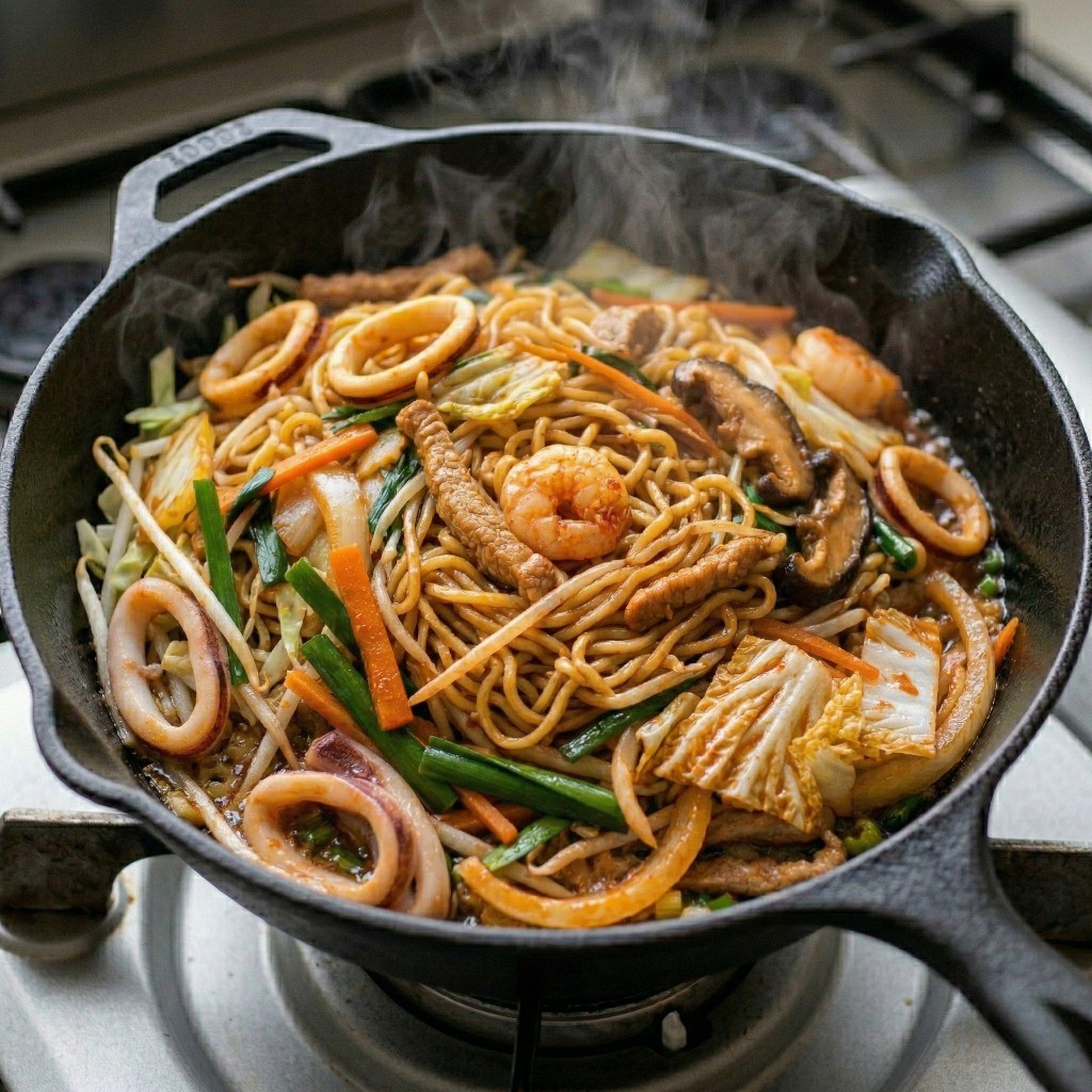 강불에서 빠르게 볶아내어 국물 없이 촉촉하고 윤기 흐르는 매콤달콤 라면 볶음짬뽕 완성 모습