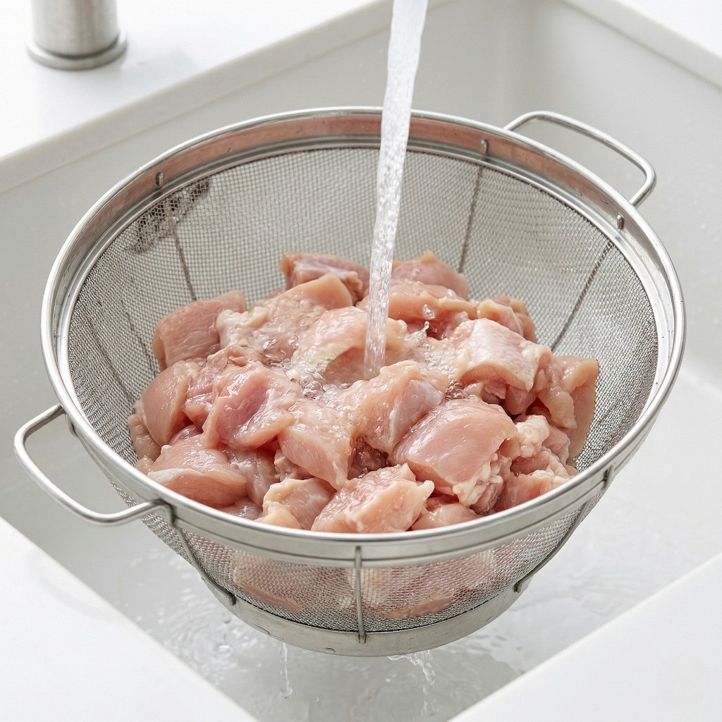 찜닭용 닭고기 절단육을 흐르는 물에 깨끗하게 세척하는 모습