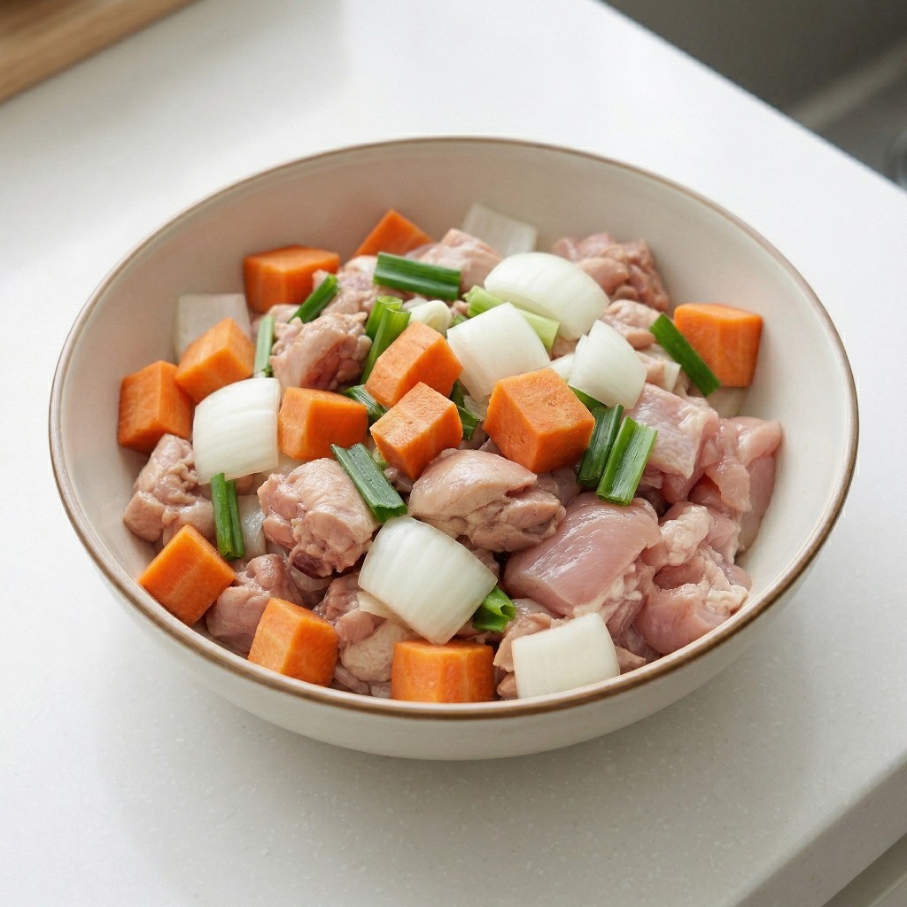 전자레인지 찜닭에 들어갈 당근, 양파, 대파를 큼직하게 깍둑썰기한 모습