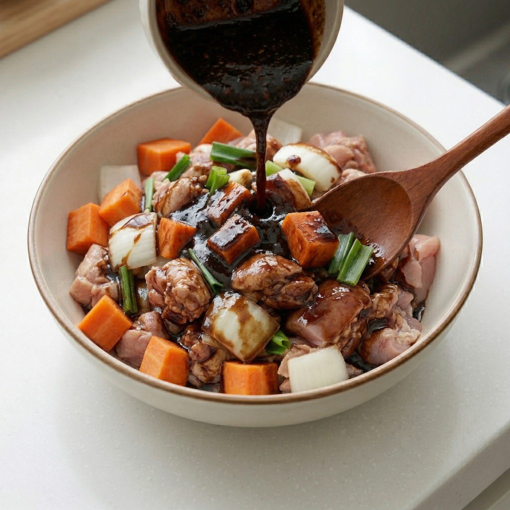 닭고기와 야채에 간장, 굴소스, 설탕과 핵심 비법인 짜장 가루 양념장을 섞는 과정