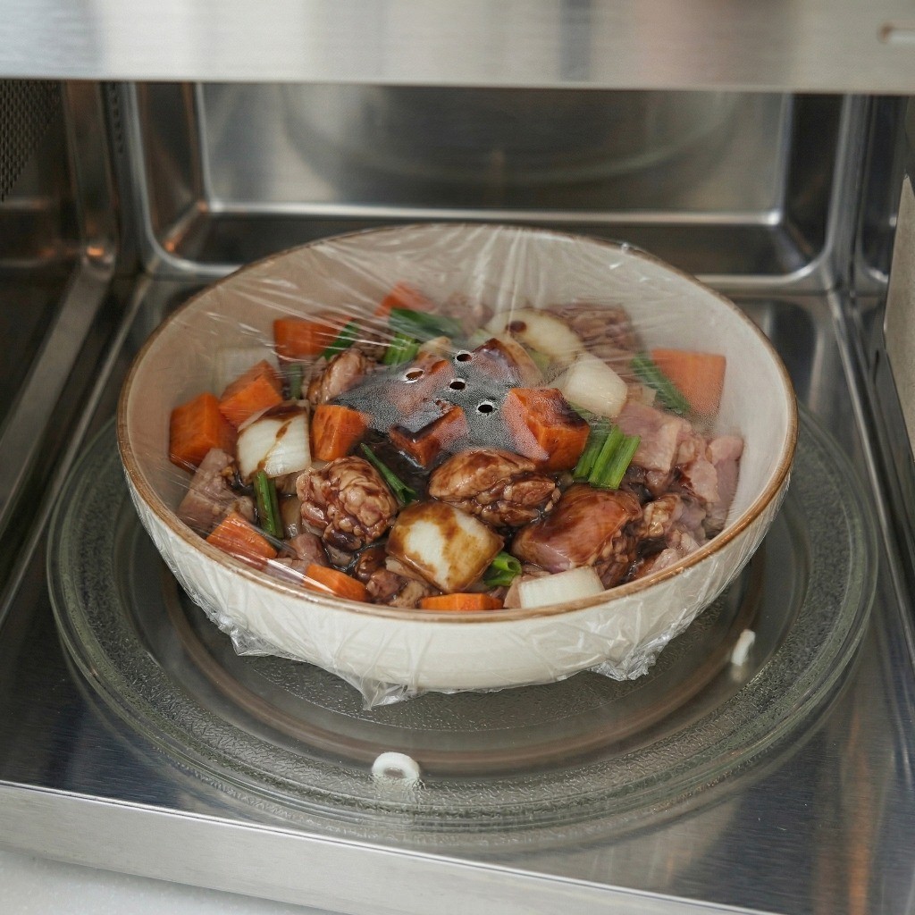 랩을 씌우고 숨구멍을 뚫은 찜닭 용기를 전자레인지에 넣고 10분간 1차 조리하는 모습