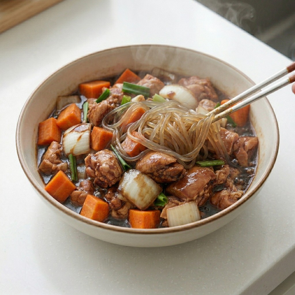 1차 조리된 찜닭에 미리 불려둔 당면을 넣고 섞어 2차 조리를 준비하는 모습