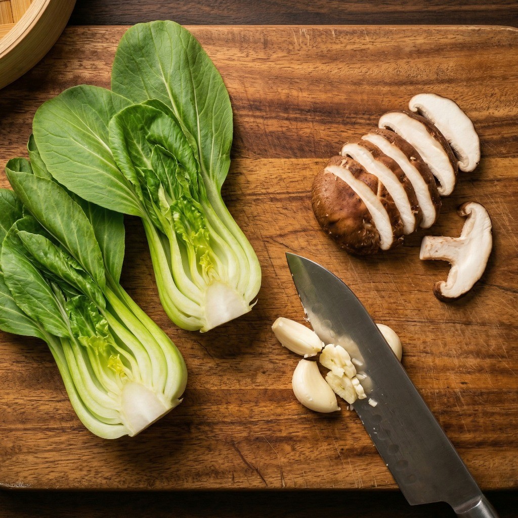 이연복 청경채 볶음 레시피 1단계: 청경채, 표고버섯, 마늘 등 핵심 재료 먹기 좋게 손질하기