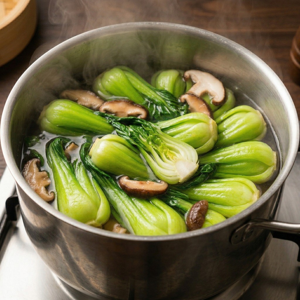 이연복 청경채 볶음 비법 2단계: 아삭한 식감을 위해 끓는 물에 청경채와 버섯 살짝 데치기