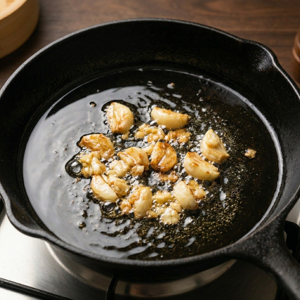 이연복 청경채 볶음 레시피 3단계: 넉넉한 식용유에 으깬 마늘을 볶아 풍미 가득한 마늘 기름 내기