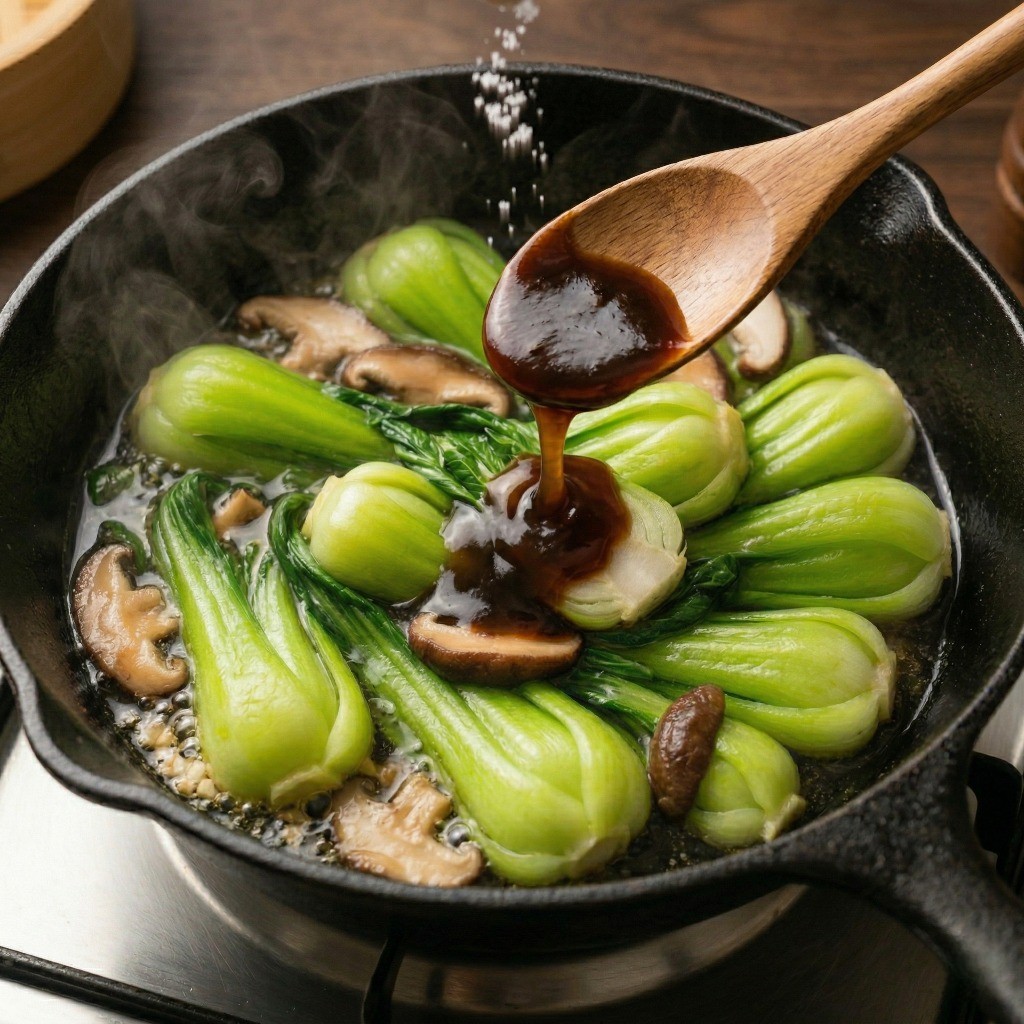 이연복 청경채 볶음 레시피 4단계: 데친 청경채에 굴소스와 소금을 넣어 감칠맛 나게 볶아주기