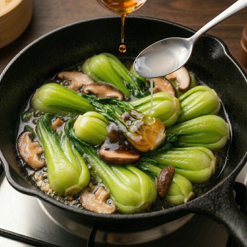 이연복 청경채 볶음 레시피 5단계: 전분물로 양념을 잡고 참기름으로 고소함을 더해 완성하기