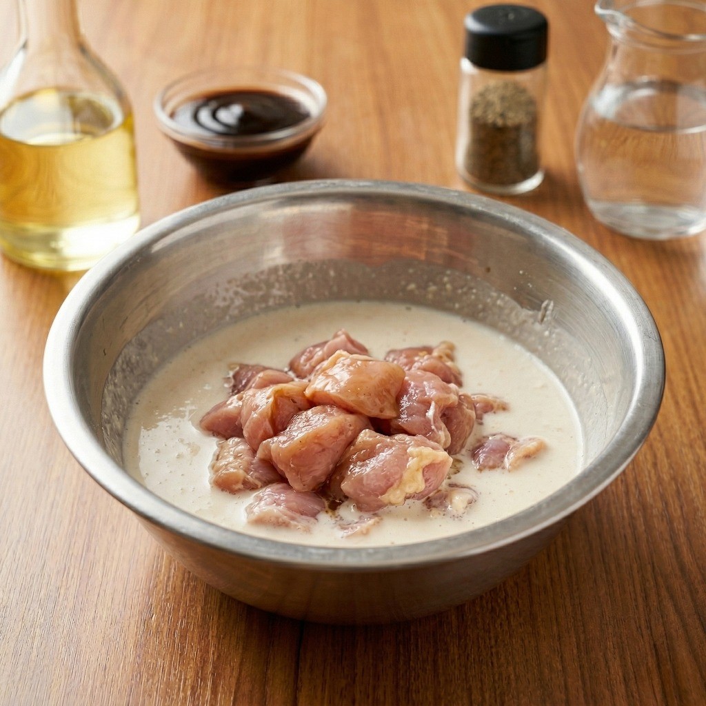 이연복 치킨 레시피 2단계 - 치킨 튀김가루와 물을 섞어 만든 묽은 반죽에 밑간한 닭고기를 버무리는 모습