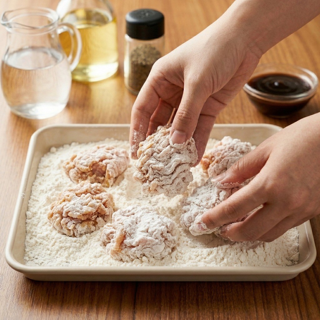 이연복 치킨 레시피 3단계 - 바삭한 물결무늬 튀김옷을 만들기 위해 마른 치킨 튀김가루를 한 번 더 듬뿍 묻히는 핵심 비법