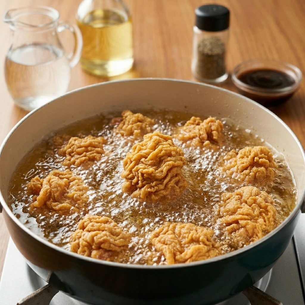 이연복 치킨 레시피 4단계 - 끓는 식용유에 치킨을 넣고 8분간 노릇노릇하고 바삭하게 튀겨내는 모습