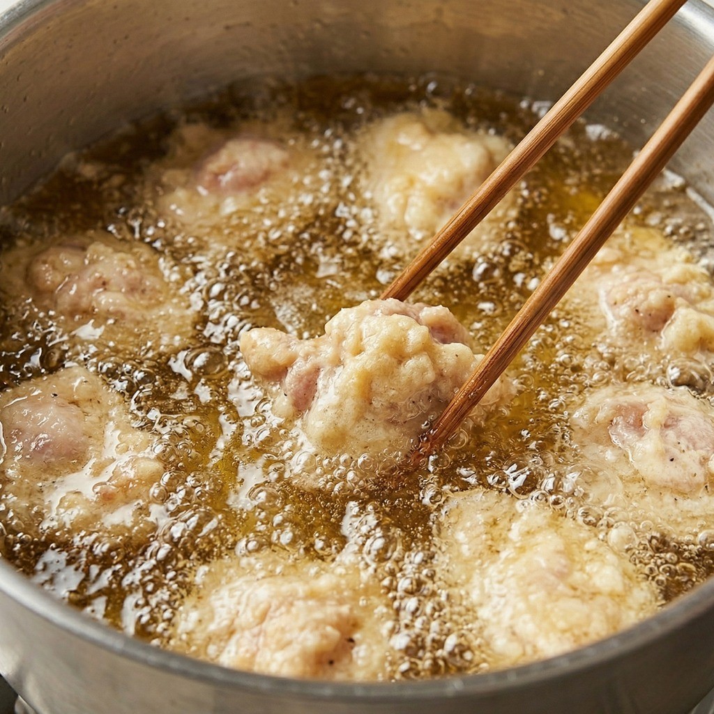 뜨거운 기름에 닭고기 반죽을 넣어 노릇하게 1차로 튀겨내는 모습