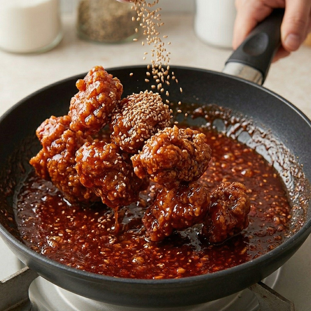 완성된 양념 소스에 바삭하게 튀긴 치킨을 버무린 후 통깨를 뿌려 마무리하는 모습