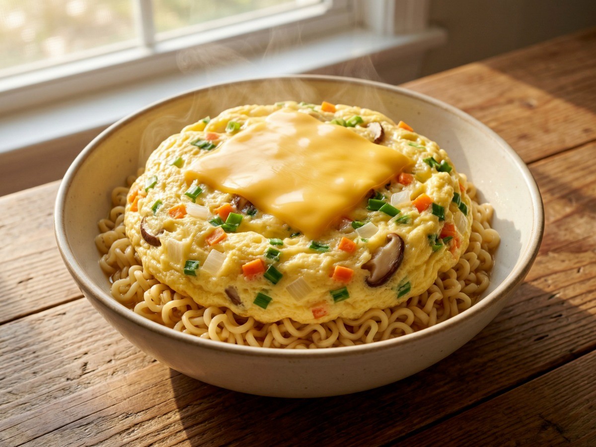 이연복 셰프의 초간단 라면계란찜 완성 사진, 전자레인지로 간편하게 만든 영양 만점 해물라면 계란찜