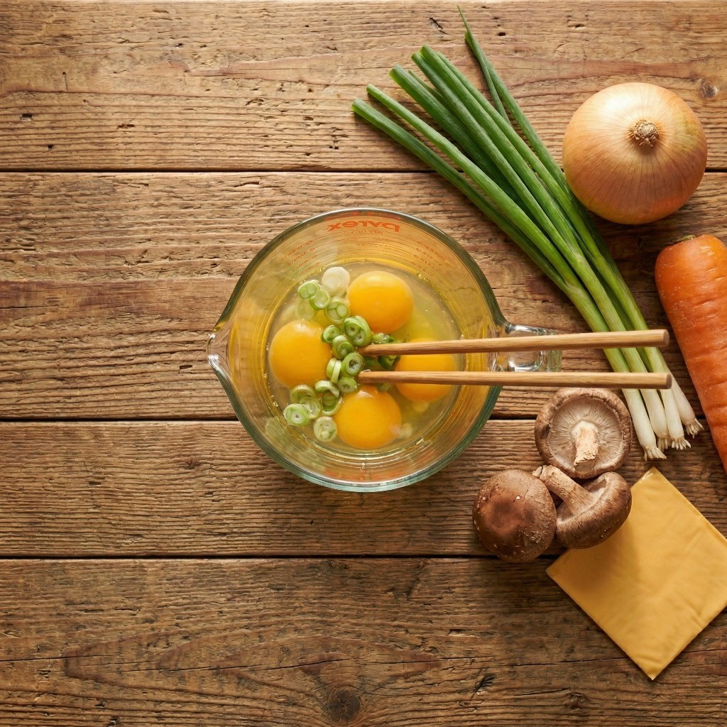 라면계란찜 만들기를 위해 계량컵에 계란 3~4개를 깨서 부드럽게 풀어주는 모습