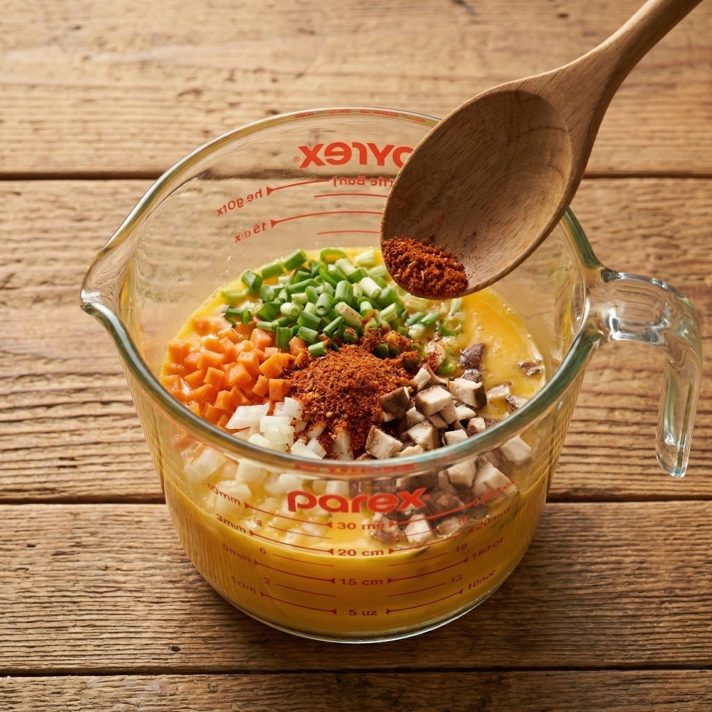 계란물에 잘게 썬 대파, 당근, 양파와 해물라면 스프를 넣고 골고루 섞어 양념하는 과정