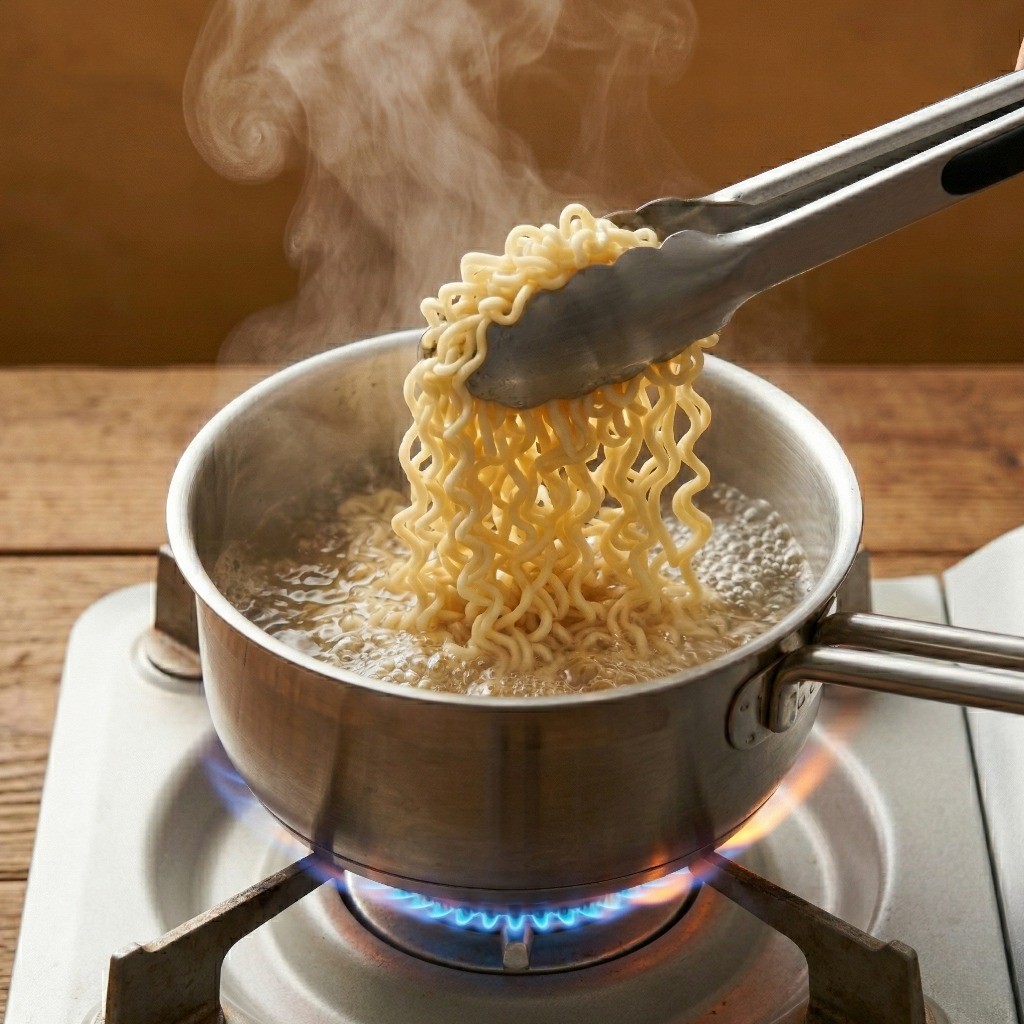 끓는 물에 라면 면발을 넣어 꼬들꼬들하게 덜 익은 상태로 데쳐 건져내는 모습