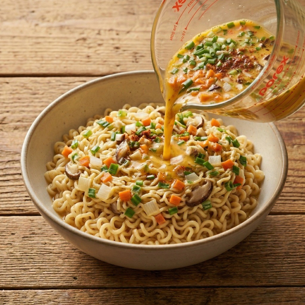 전자레인지 전용 그릇에 데친 면을 담고 준비한 야채 라면스프 계란물을 부어 스며들게 하는 모습