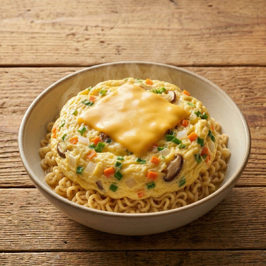 전자레인지 조리로 포슬포슬하게 완성된 라면계란찜 위에 고소한 체다 치즈를 올린 최종 모습