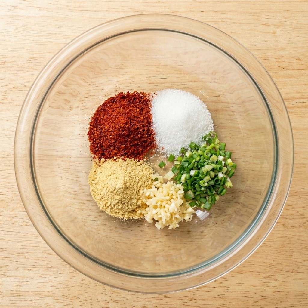 중화 비빔당면 양념장 만들기: 고춧가루, 설탕, 마늘, 대파 등 마른 재료 혼합 과정