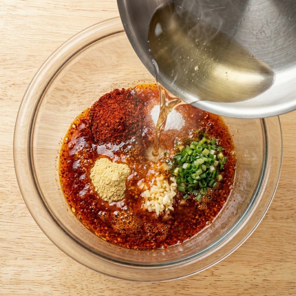 이연복 비빔당면 핵심 비법: 끓는 식용유를 부어 파기름 고추장 소스 내기