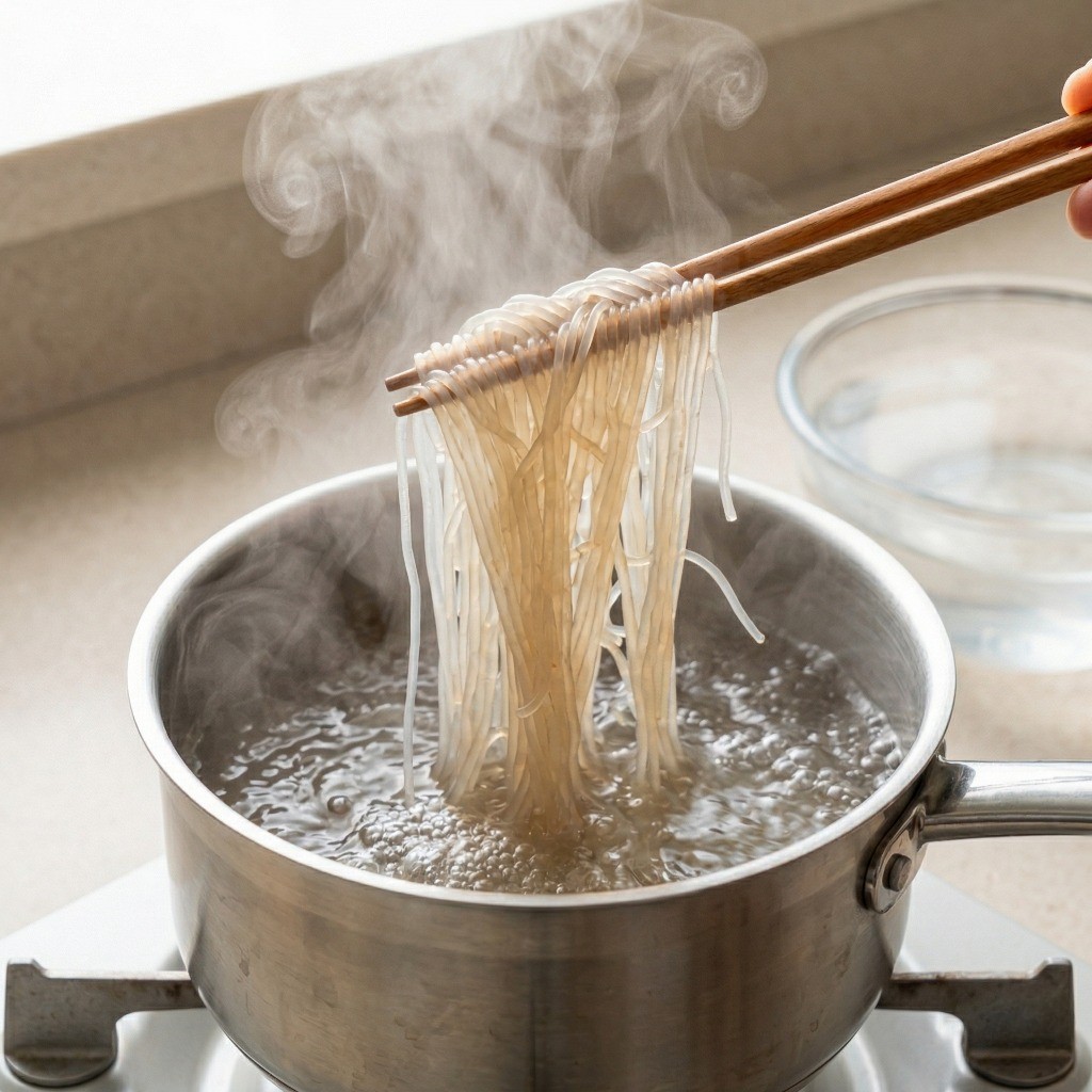 쫄깃한 비빔당면 면발 꿀팁: 데친 당면을 찬물에 헹궈 탄력 살리기