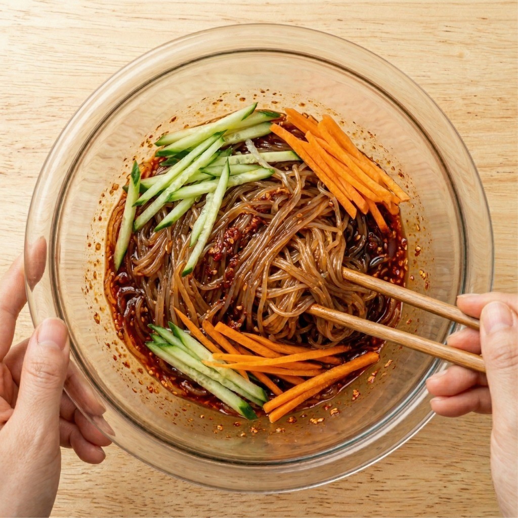 초간단 이연복 중화 비빔당면 완성: 매콤한 양념에 비빈 당면과 오이 당근 고명 플레이팅