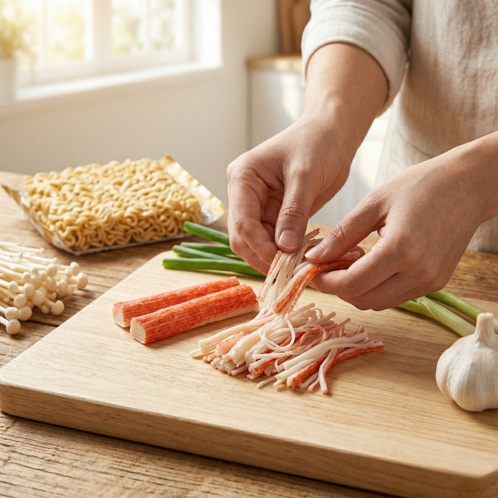 이연복 게살볶음라면 레시피 1단계: 메인 재료인 크래미를 결대로 잘게 찢어 준비하는 모습