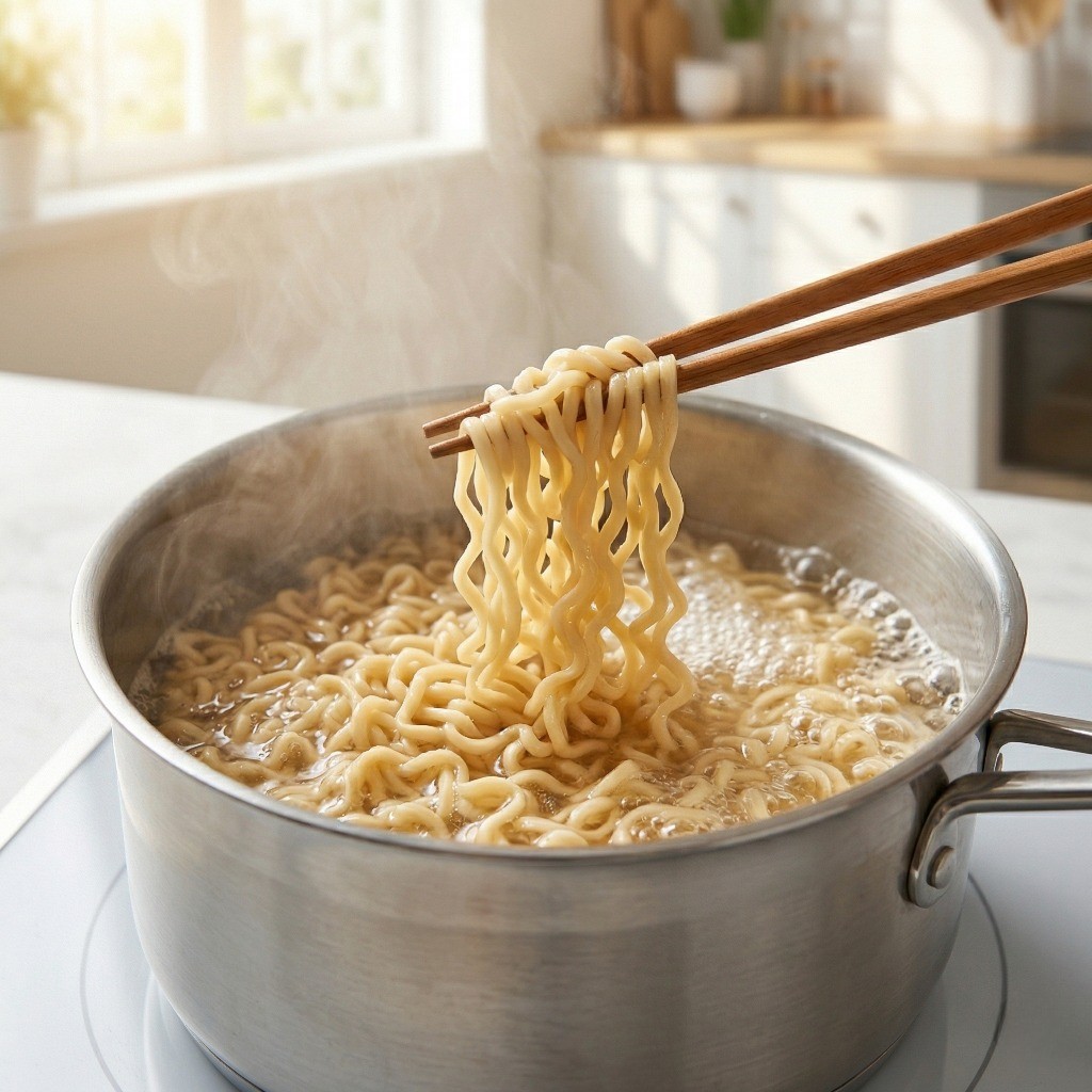 이연복 게살볶음라면 레시피 2단계: 끓는 물에 라면 면발을 꼬들꼬들하게 삶아 건져내는 과정